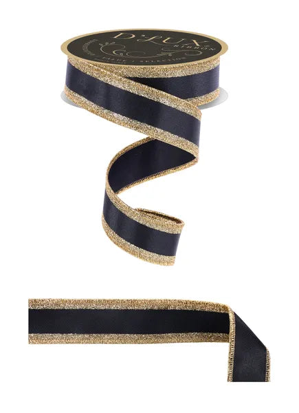 D'LUX 1.5" x 10yd Vertical Glitter Stripe/Fused-Black and Gold Wired Ribbon