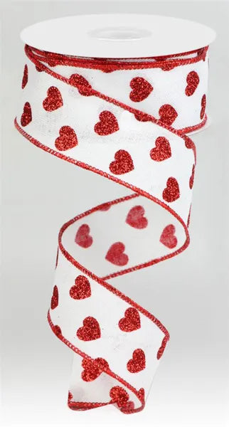 1.5" x 10yd Red and White Small Glitter Hearts Wired Ribbon