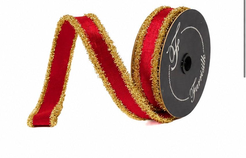 Farrisilk Tinsel Borders 1"X10YD Wired Ribbon - Red and Gold