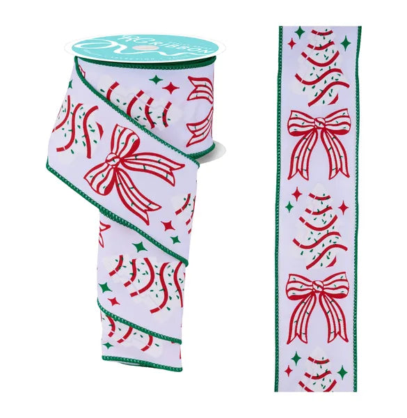2.5" x 10yd Cake Tree/Bow Wired Ribbon-Emerald, White and Red