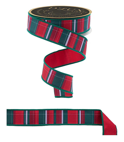 D.LUX 1.5" x 10yd Dashed Plaid/Fused - White, Red and Emerald Wired Ribbon