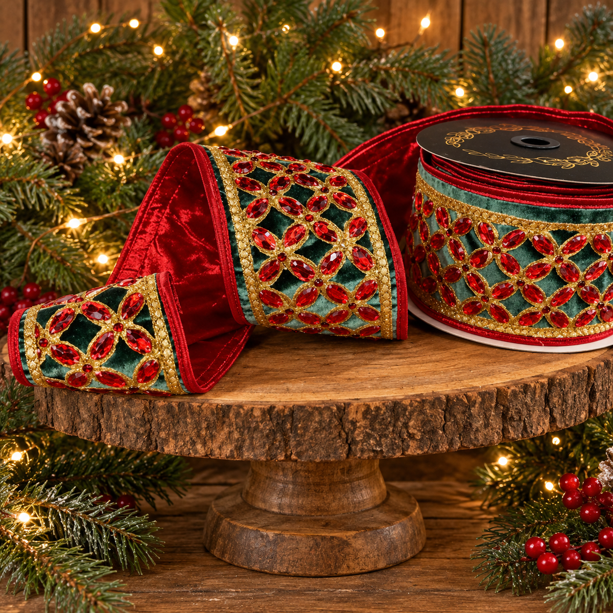 JME Green Velvet Red Floret Center Metallic Dupion Trim Red-4x5yd Wired Ribbon