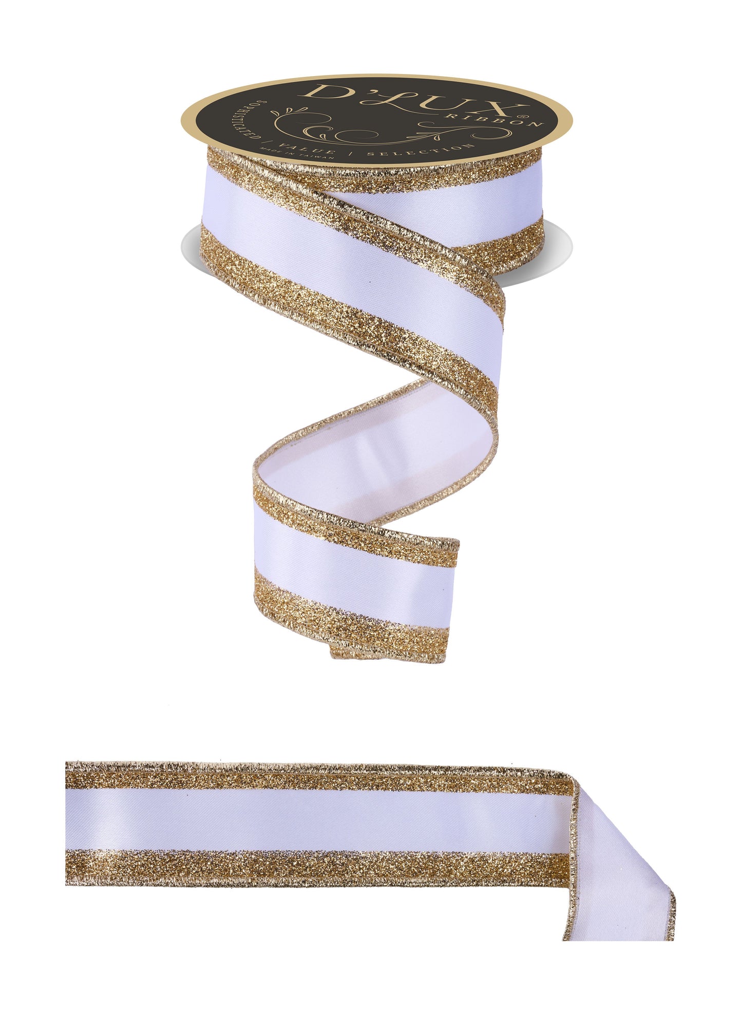 D'LUX 1.5" x 10yd Vertical Glitter Stripe/Fused White and Gold Wired Ribbon