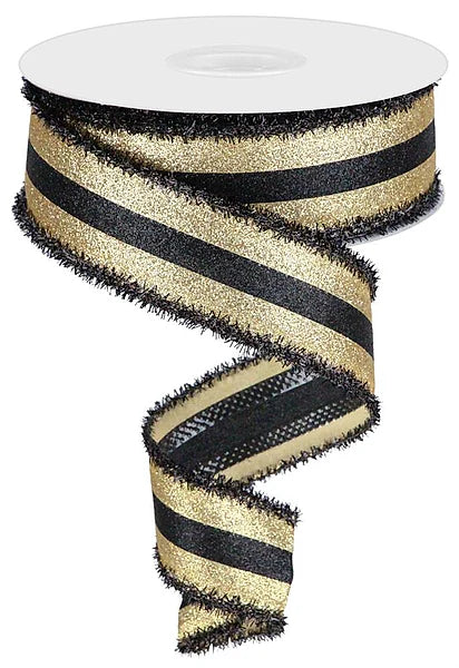 1.5" x 10yd 3-In-1 Shimmer Glitter/Tinsel - Black and Gold