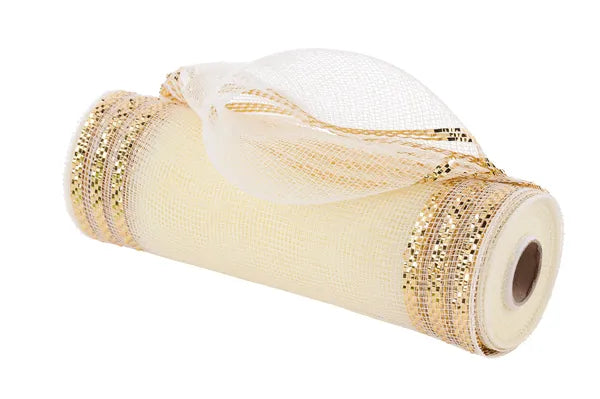 10" x 10yd Border Stripe Metallic Mesh - Cream With Gold Foil