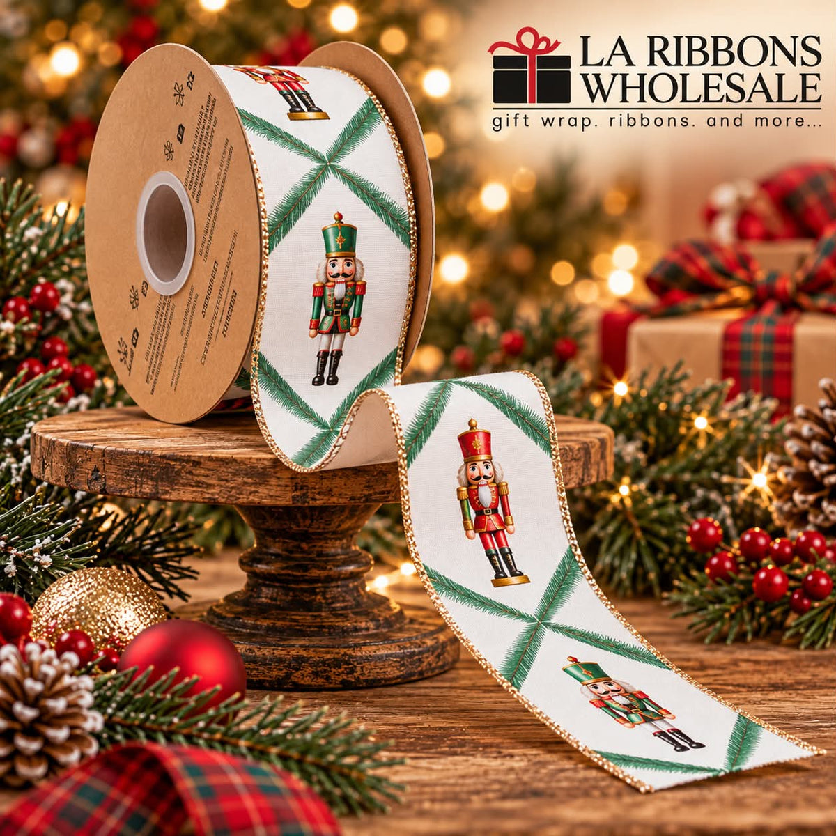 LA RIBBONS 2 1/2" Wired Reversible Velvet | Nutcracker with Norfolk Pine on White