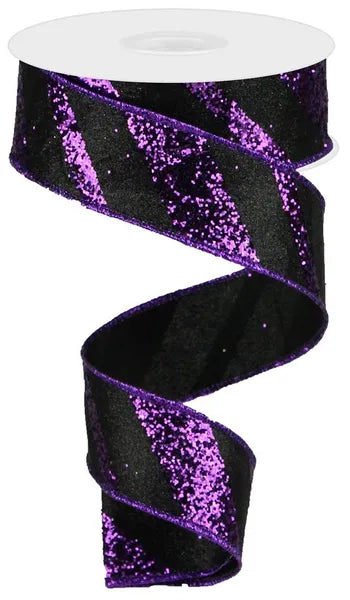 1.5" x 10yd Giant Diagonal Lines Wired Ribbon - Black & Purple