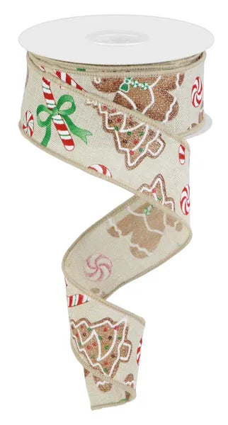 1.5" x 10yd Gingerbread W/Candy On Royal