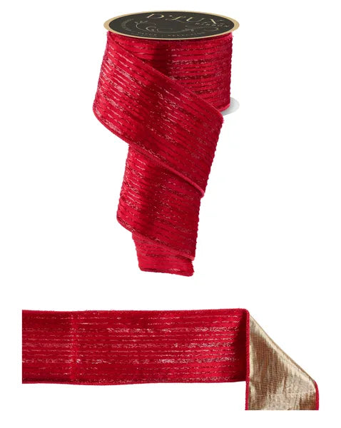D'LUX 2.5" x 10yd Stripe Velvet With Metallic Backing Wired Ribbon - Red and Gold