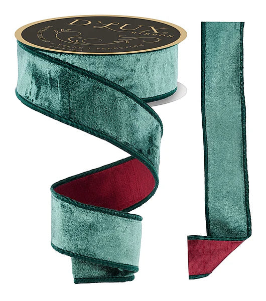 D'LUX 1.5" x 10yd Velvet/Dupioni Fused - Hunter Green and Burgundy Wired Ribbon
