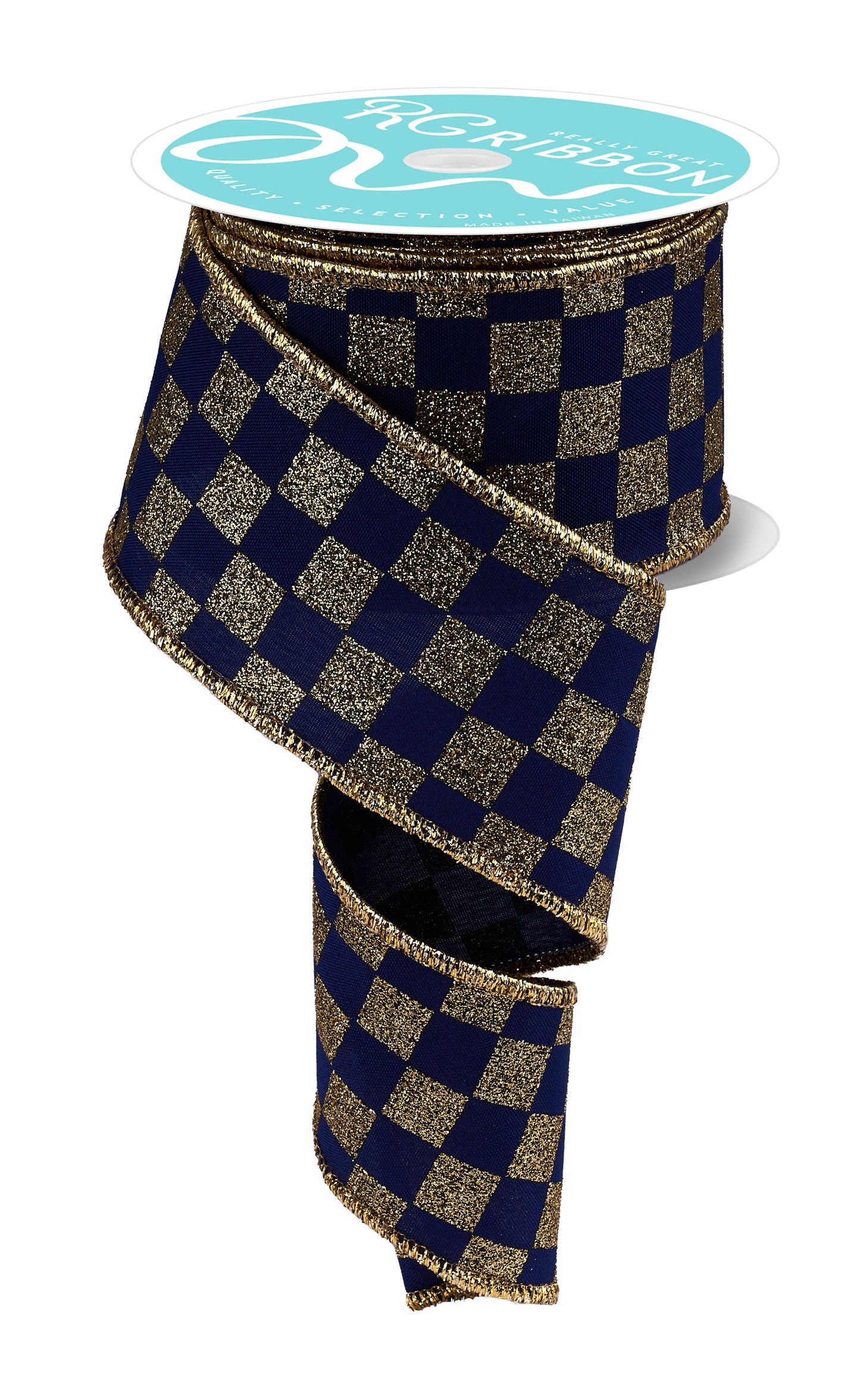 2.5" x 10yd Print Glitter Check Navy Blue and Gold Wired Ribbon