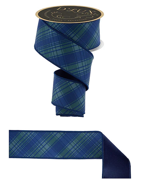 D,LUX 2.5" x 10yd Diagonal Print Plaid/Fused - Emerald and Navy Wired Ribbon