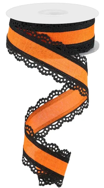 1.5" x 10yd Lace Edge Wired Ribbon - Orange & Black