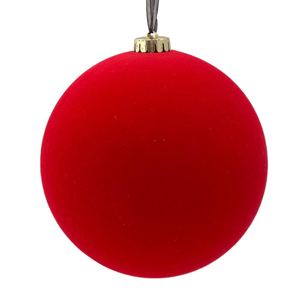 15CM FLOCKED BAUBLE RED