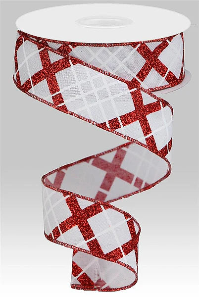 1.5" x 10yd Glitter Diagonal Plaid/Royal - Red and White Wired Ribbon