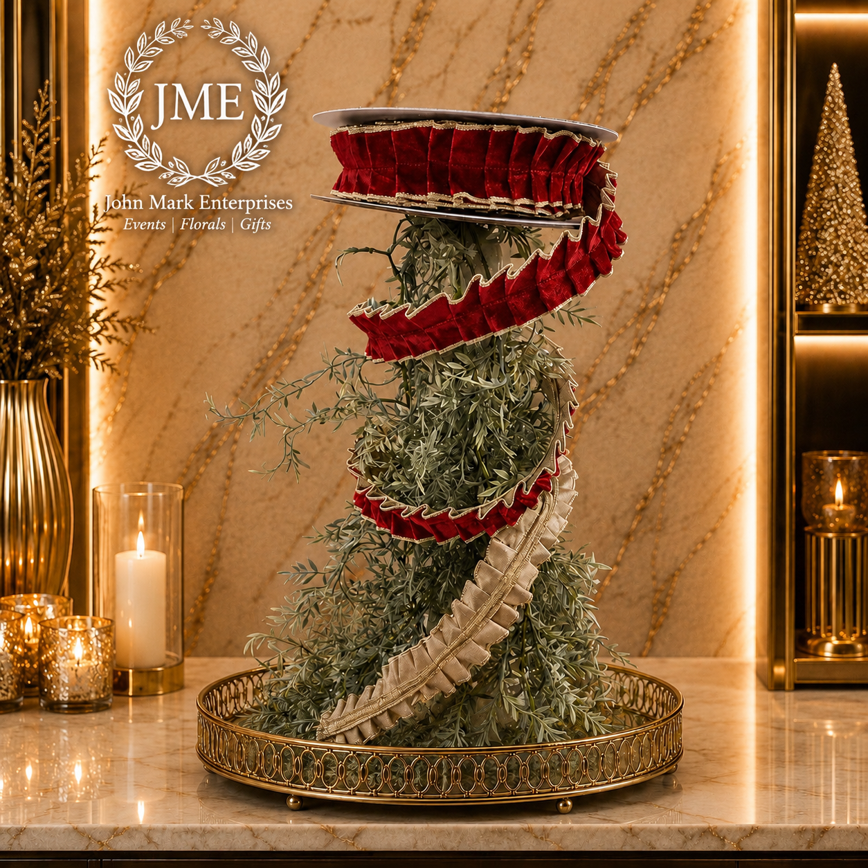 JME Red Velvet Pleated Metallic Dupion Fused-1.5x10yd Wired Ribbon