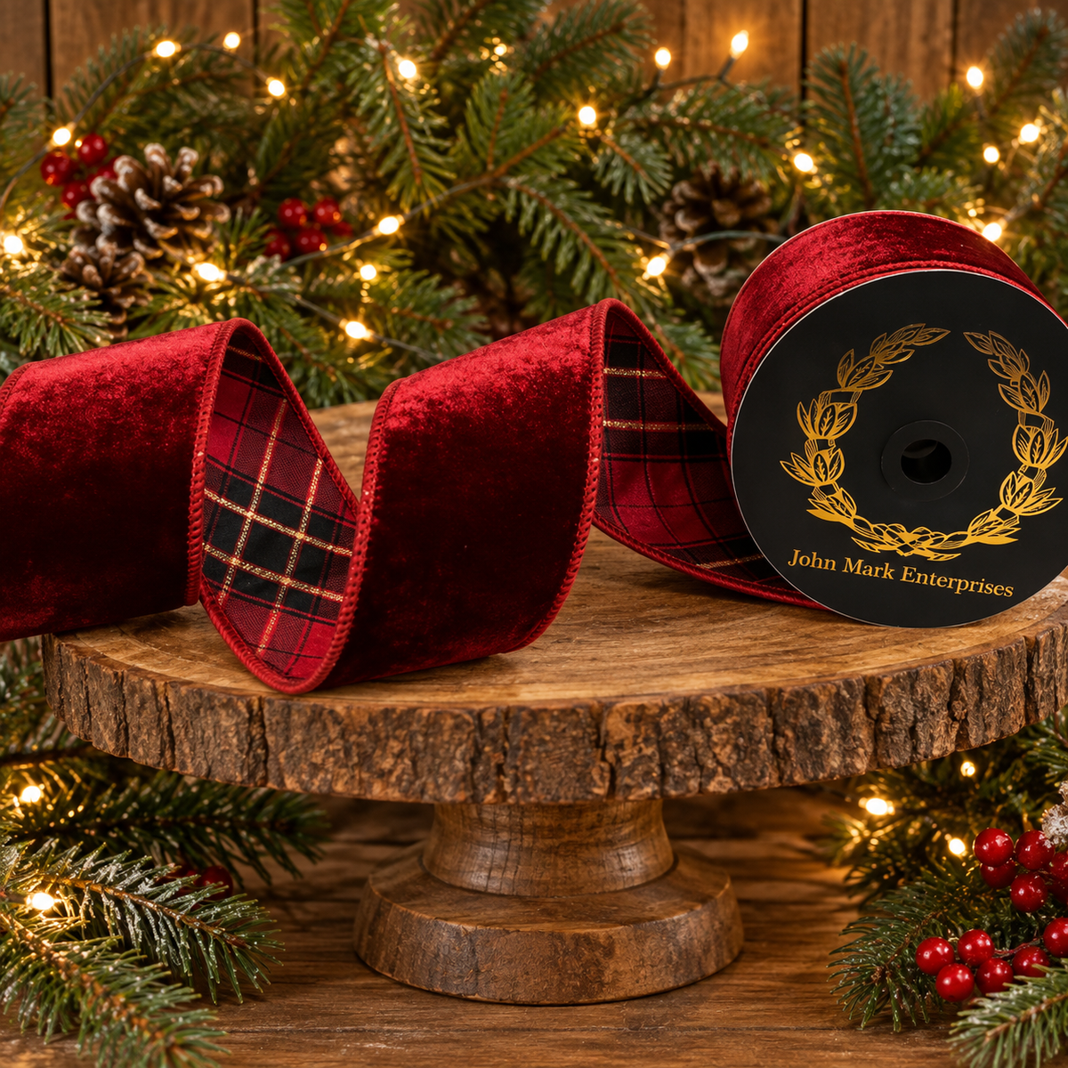 JME Burgundy Velvet Plaid Trim Double Fused-2.5x10yd Wired Ribbon
