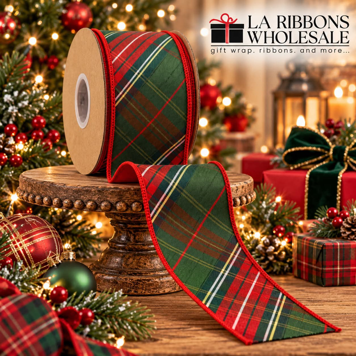 LA RIBBONS 2 1/2" Wired Dupioni Ribbon | Red/Dark Green Plaid Bias Cut Double-Fused Red Backing
