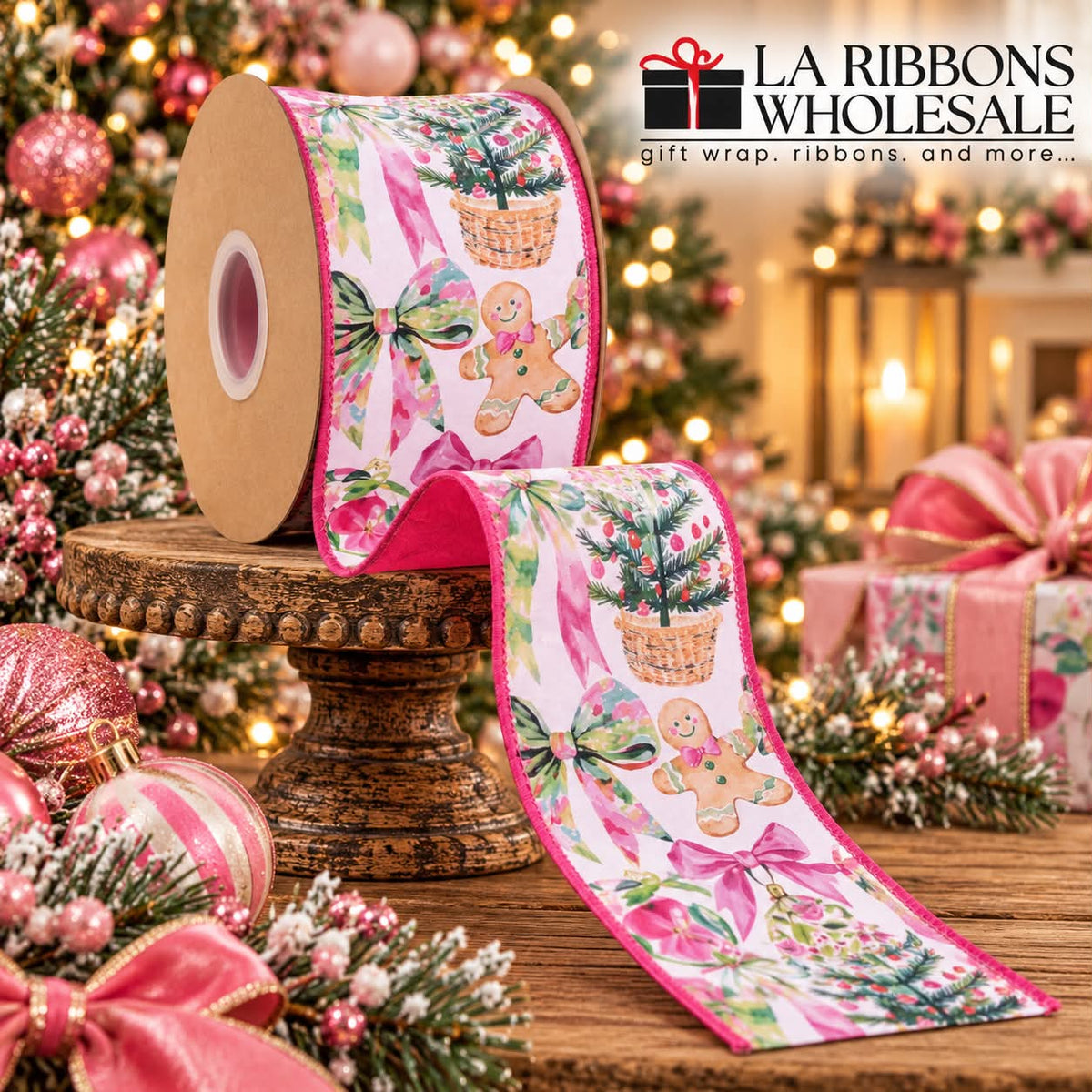LA RIBBONS 4" Wired Dupioni Ribbon | Pink Baubles and Bows w/ Pink Backing