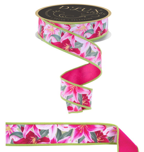 1.5" Deluxe, Designer Pink and Green Lilies Ribbon
