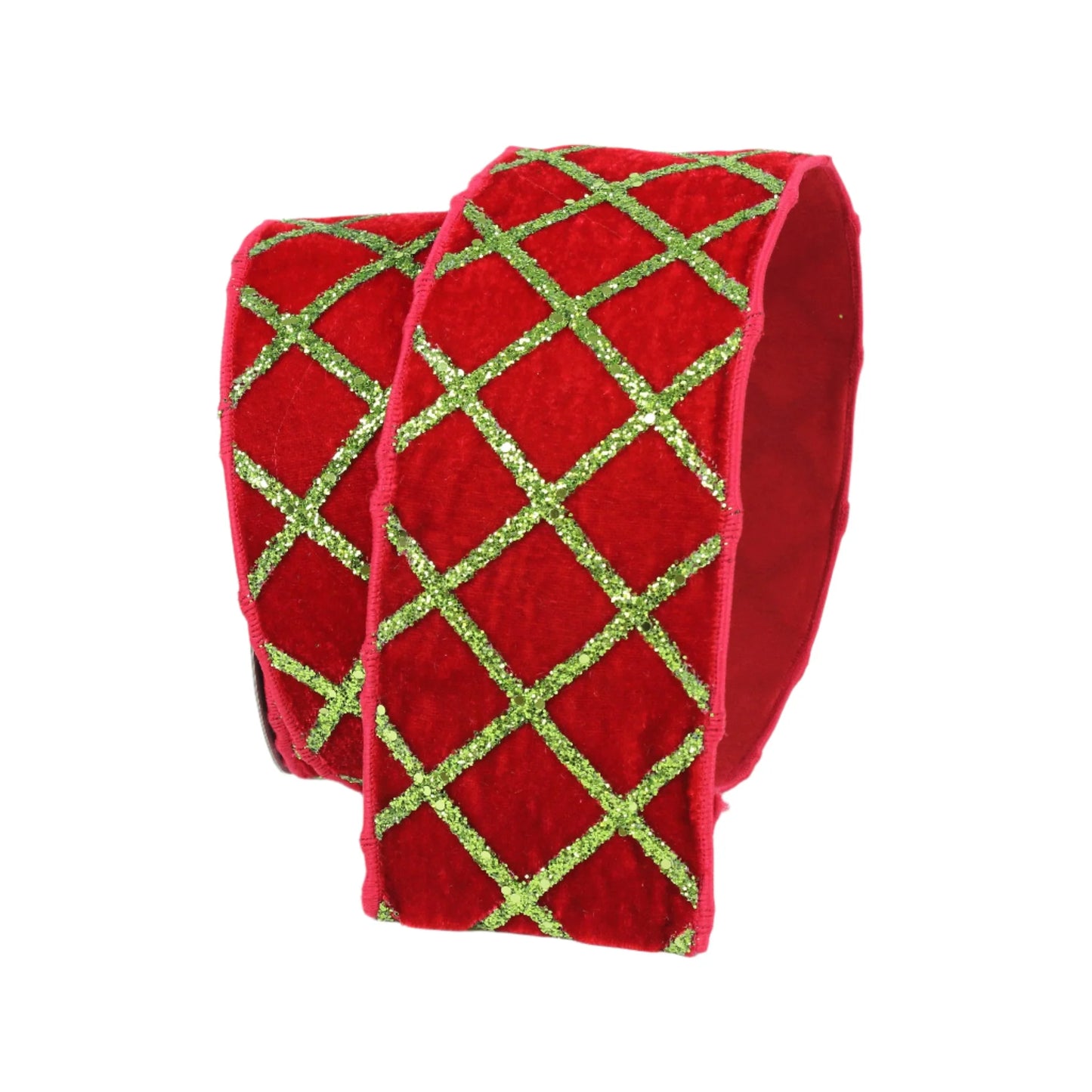 FARRISILK VELVET GLITTER LATTICE 4"X5YD WIRED RIBON - RED AND LIME