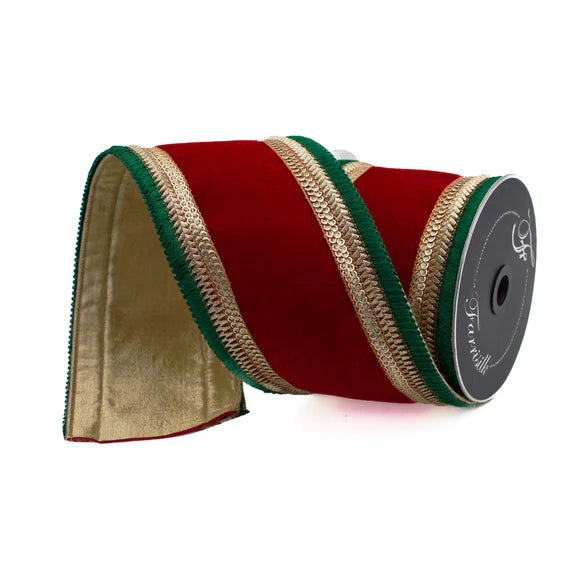 FARRISILK ROYAL FRINGE 4"X5YD RED & GREEN WIRED RIBBON