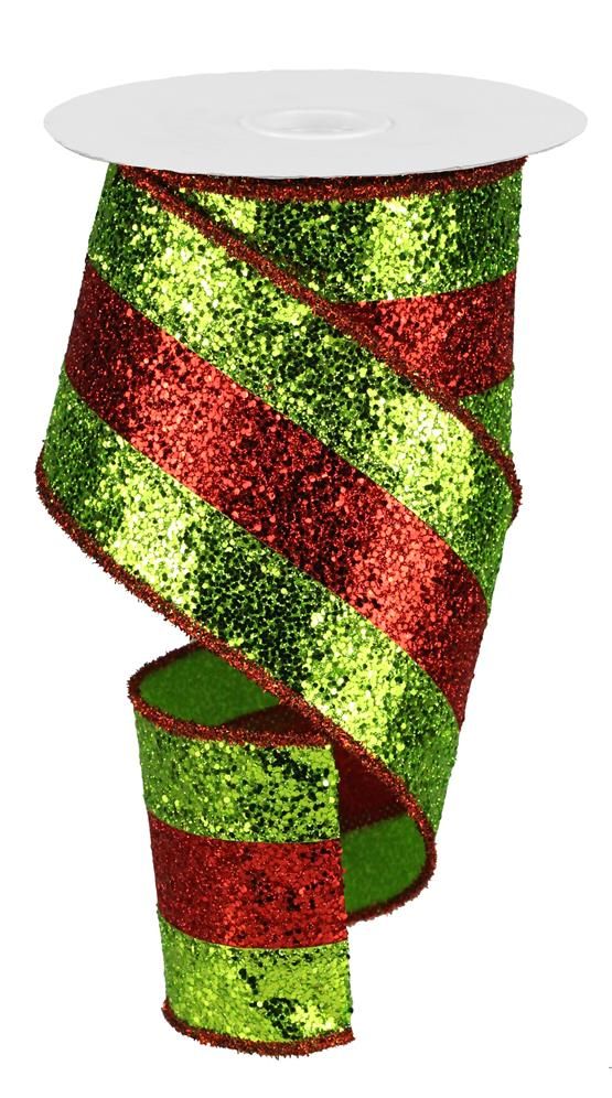 4" x 10yd 3-In-1 Large Glitter Lime/Red Wired Ribbon