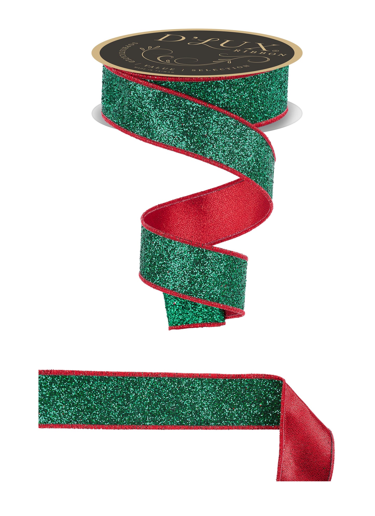 D'LUX 1.5" x 10yd Laser Glitter/Fused Emerald Green And Red Wired Ribbon