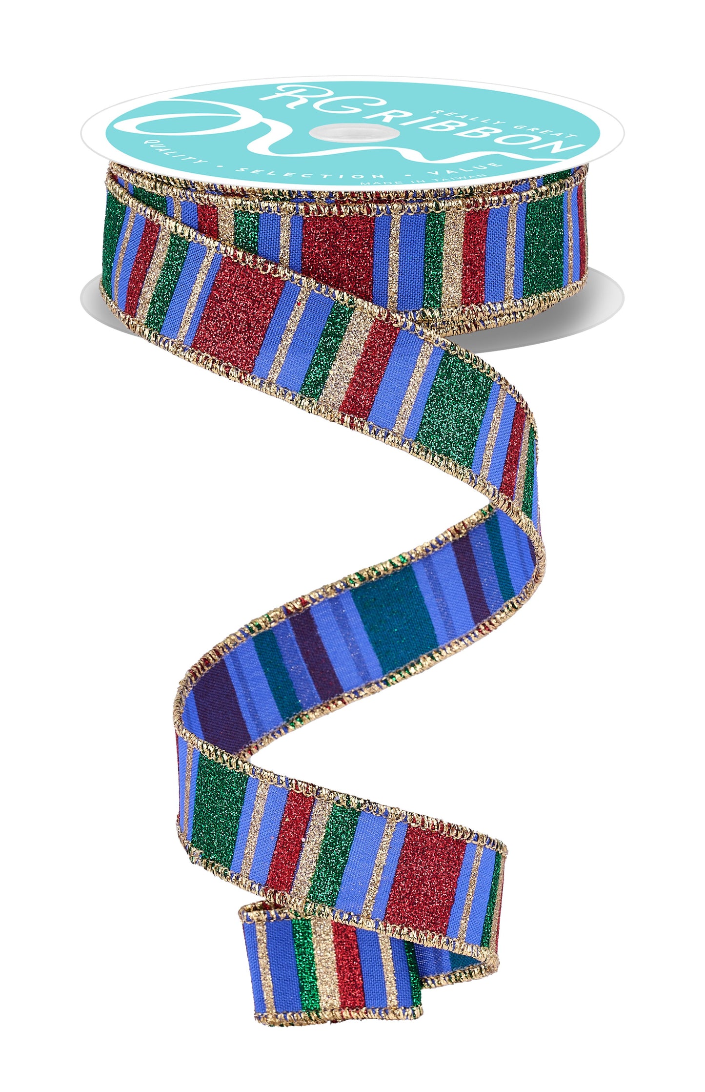7/8" x 10yd Horizontal Stripe Wired Ribbon - Royal Blue, Red, Emerald and Gold