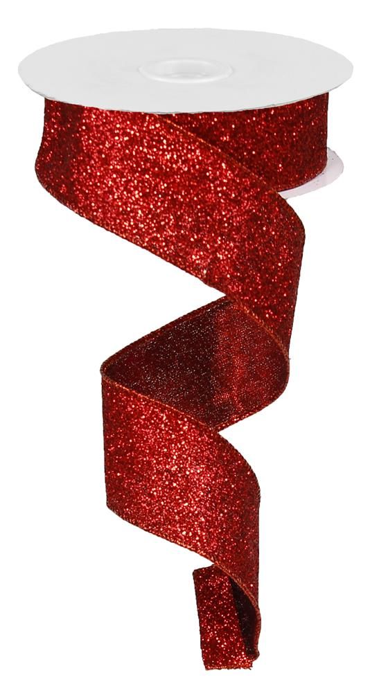 1.5" x 10yd Glitter On Metallic Red Wired Ribbon