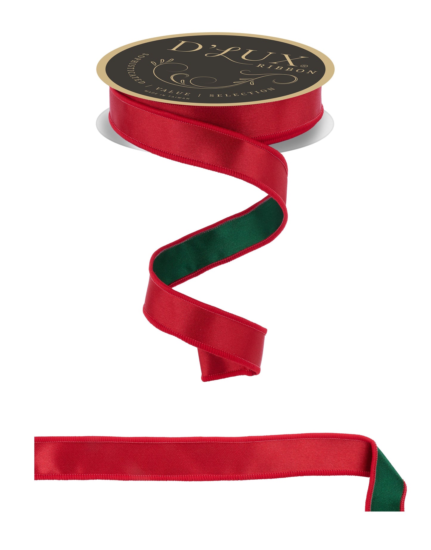 D'LUX 7/8" x 10yd Satin Fused Emerald Green and Red Wired Ribbon