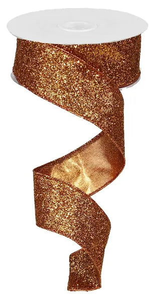 1.5" x 10yd Glitter On Metallic Wired Ribbon - Copper