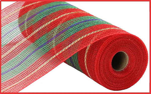 10.25" x 10yd Faux Jute/Thick Stripe Mesh - Red, Emerald, Royal Blue and Gold
