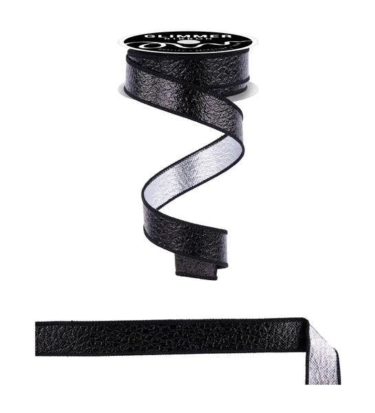 1" x 10yd Ice Crackle Sparkle Fused Wired Ribbon - Black and Silver