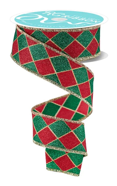 1.5" x 10yd Glitter Harlequin Wired Ribbon - Emerald, Gold & Red