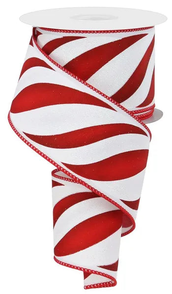 2.5" x 10yd Red and White Swirl Candy Stripe Wired Ribbon