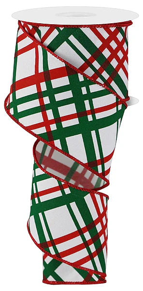 2.5" x 10yd Windowpane Plaid - White, Red and Green Wired Ribbon