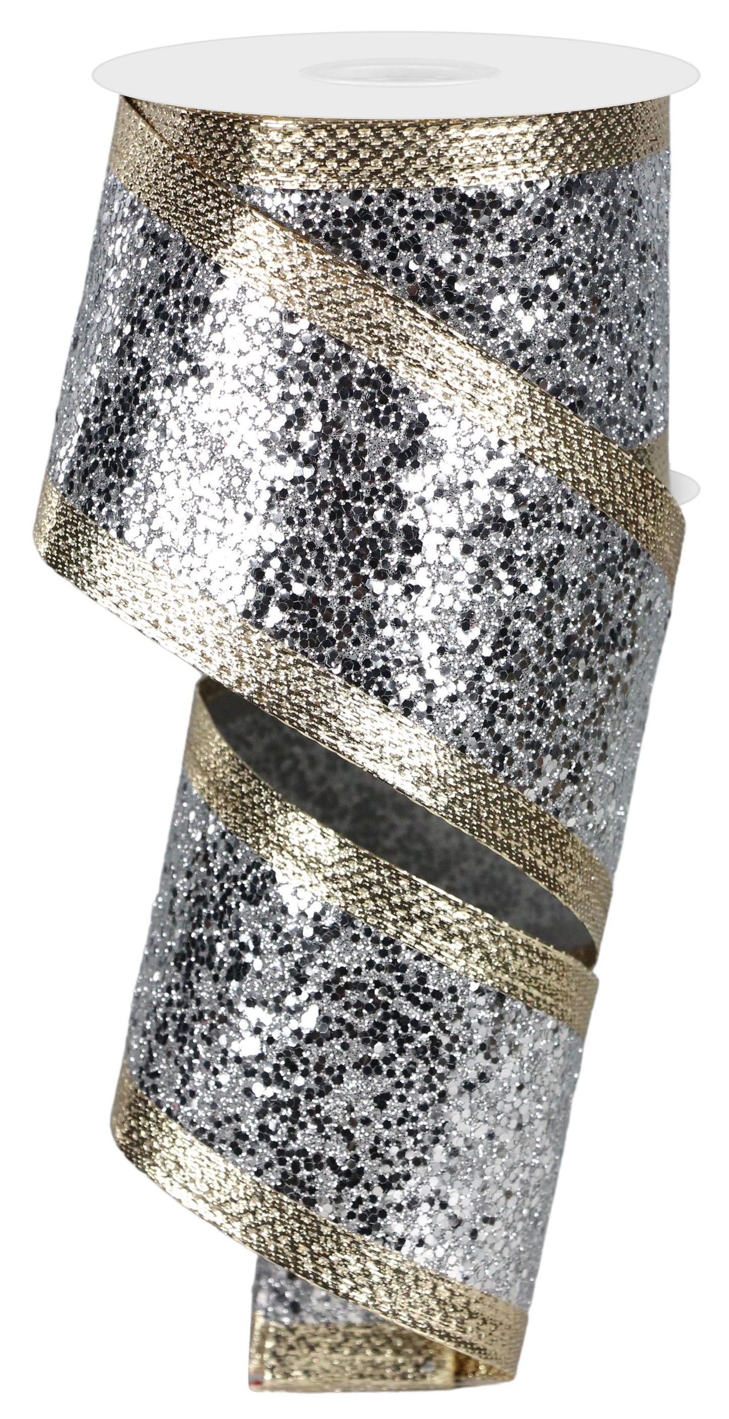 2.5" x 10yd Large Glitter Metallic Silver and Champagne Wired Ribbon