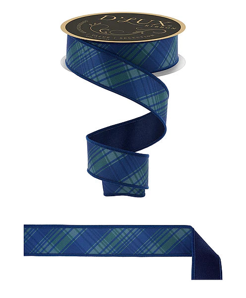 D, LUX 1.5" x 10yd Diagonal Print Plaid/Fused - Emerald and Navy Wired Ribbon