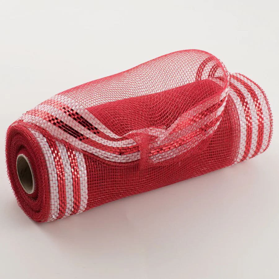 10" Border Stripe Metallic Mesh: Red & White