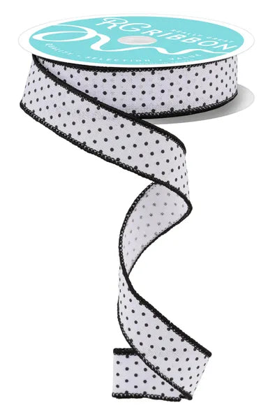 7/8" x 10yd Black & White Raised Swiss Dots Wired Ribbon