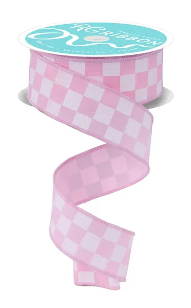 1.5" x 10yd Pink and White Print Glitter Check Wired Ribbon