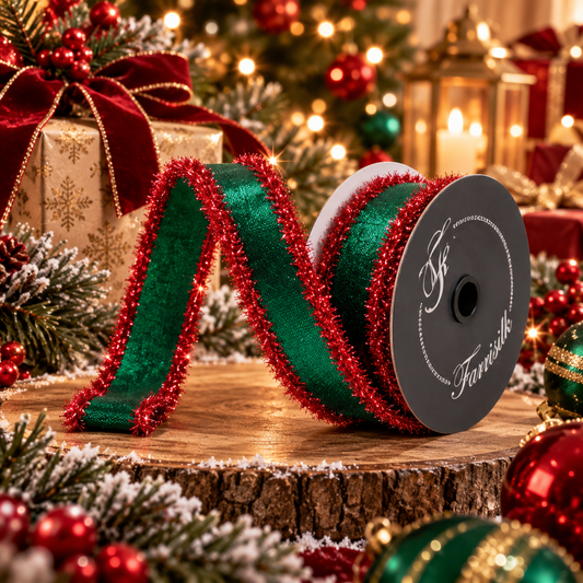 Farrisilk Tinsel Borders 1"X10YD Wired Ribbon - Emerald and Red