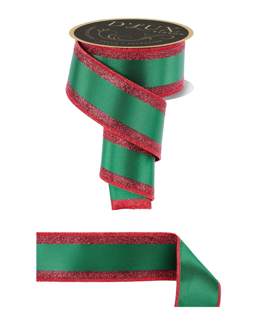 D'LUX 2.5" x 10yd Vertical Glitter Stripe/Sewn Emerald and Red Wired Ribbon