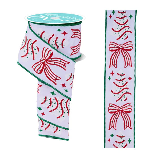 2.5" x 10yd Cake Tree/Bow Wired Ribbon-Emerald, White and Red