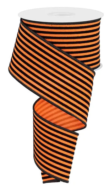 2.5" x 10yd Velvet Vertical Thin Lines Wired Ribbon - Orange & Black
