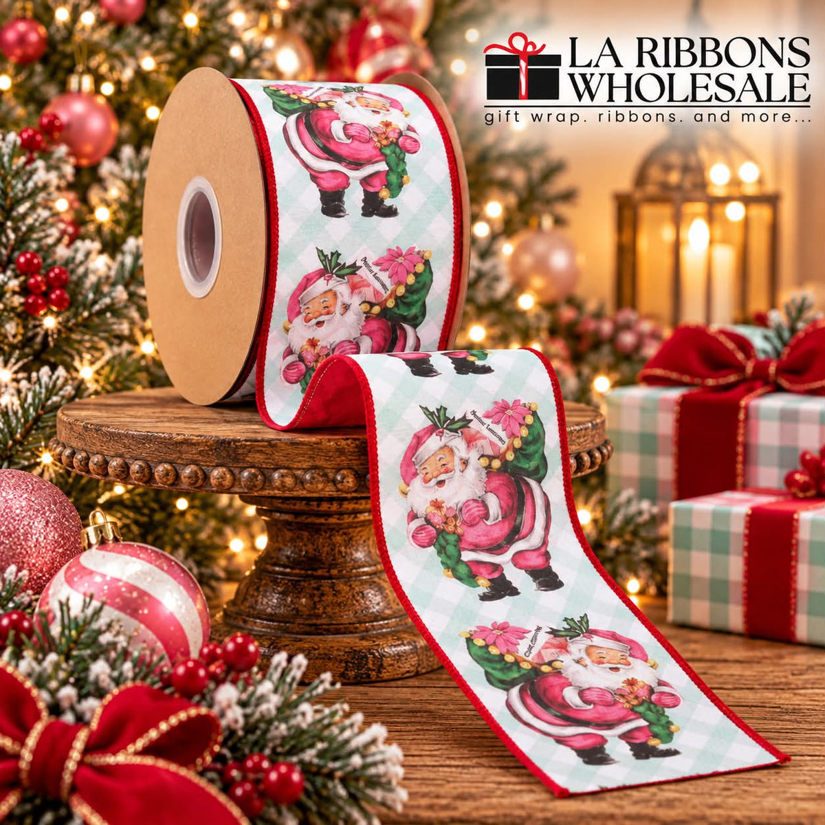 LA RIBBONS 4" Wired Dupioni Ribbon | Retro Pink Santa w/ Sack on Green Check w/ Red Backing