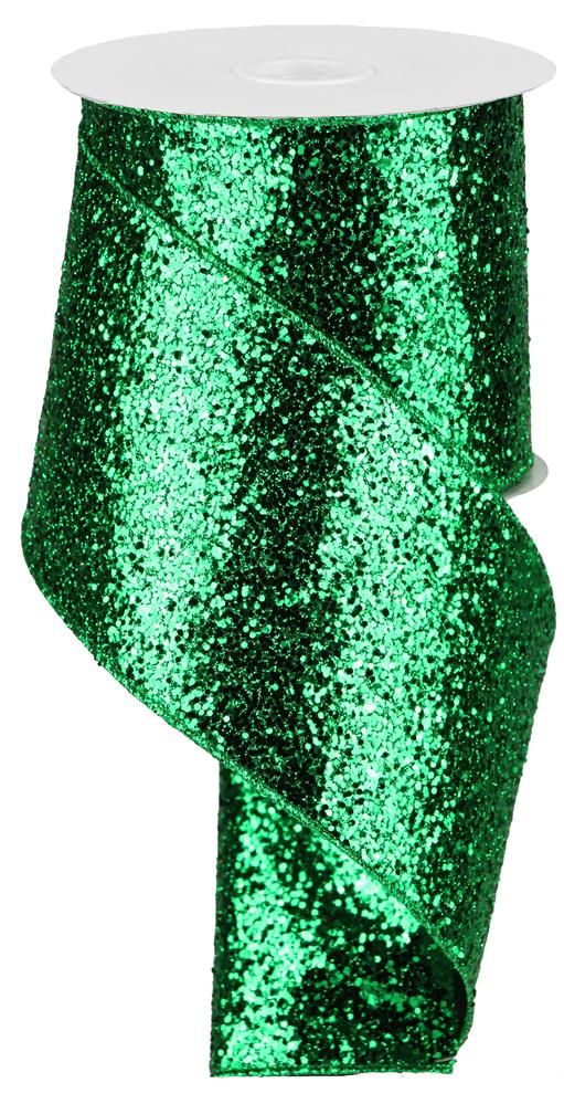 4" x 10yd Large  Emerald Green Glitter Wired Ribbon
