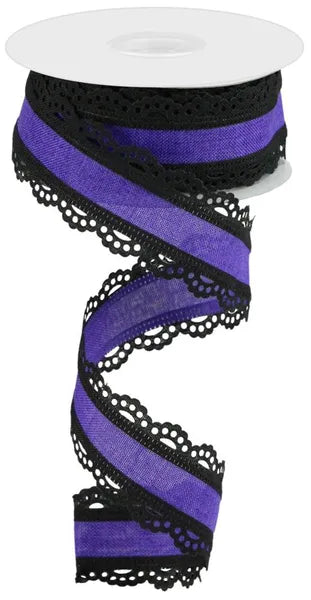 1.5" x 10yd Lace Edge Wired Ribbon - Black & Purple