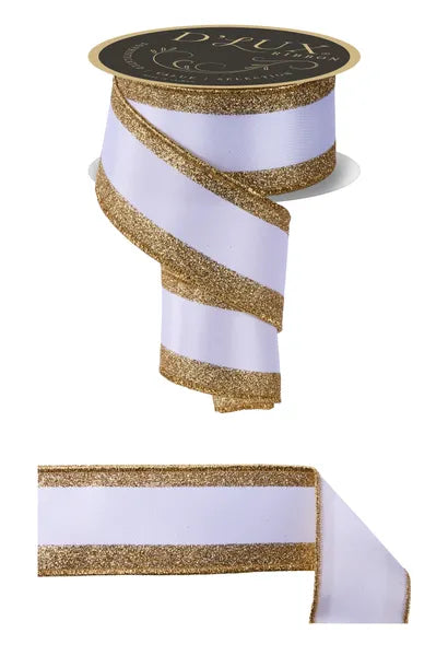D'LUX 2.5" x 10yd Vertical Glitter Stripe/Sewn - White and Gold Wired Ribbon
